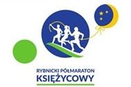 logo półmaratonu, trzy postacie biegnące na niebieskim tle