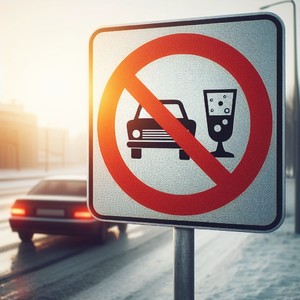 Rysunek pojazdu, który znajduje się za znakiem, zabraniającym jazdy pod wpływem alkoholu.